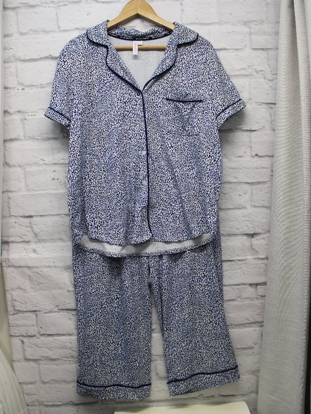 Joyspun Large Blue Black Leopard Print Shortsleeve Button Pajama Loungewear Set